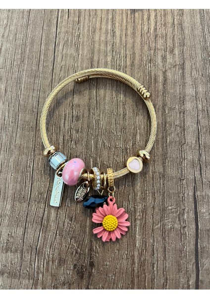 Ayarlanabilir Pembe Kadın Çelik Charm Bileklik