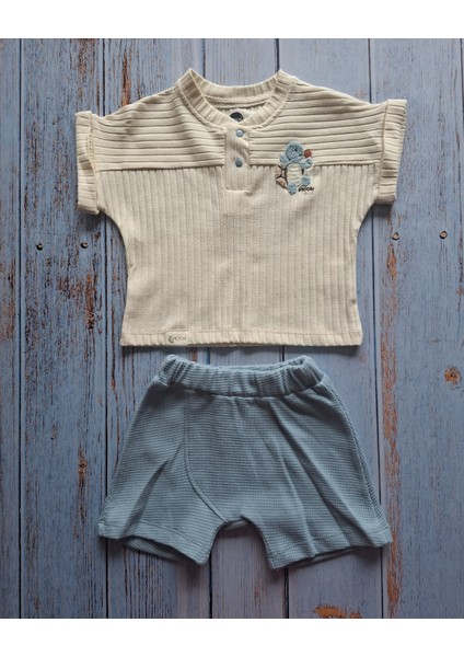 Erkek Bebek Kaplumbağa Nakışlı Tişört ve Mavi Şort Takım