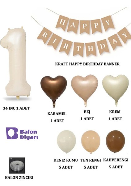 Tüm Yaşlar Retro Doğum Günü Seti Krem Rakam Folyo Banner Kalp Folyo Balon (Balon Bandı Hediyeli)