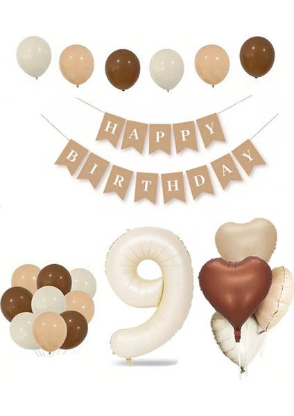 Tüm Yaşlar Retro Doğum Günü Seti Krem Rakam Folyo Banner Kalp Folyo Balon (Balon Bandı Hediyeli)