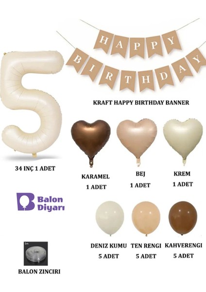 Tüm Yaşlar Retro Doğum Günü Seti Krem Rakam Folyo Banner Kalp Folyo Balon (Balon Bandı Hediyeli)