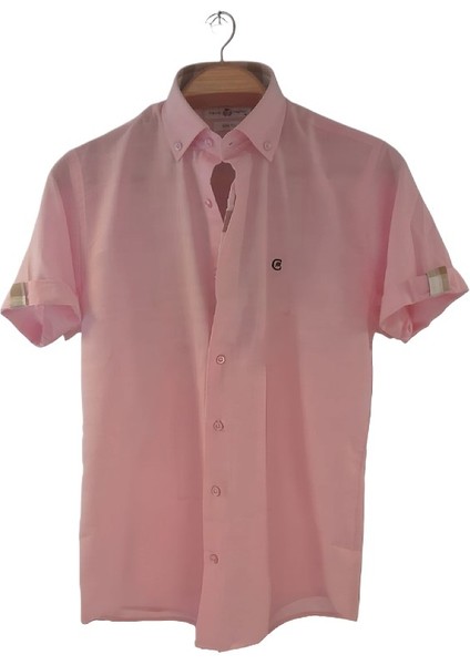 Pembe Keten Slim Fit Kısa Kollu Erkek Gömlek