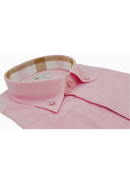 Pembe Keten Slim Fit Kısa Kollu Erkek Gömlek fırsatları