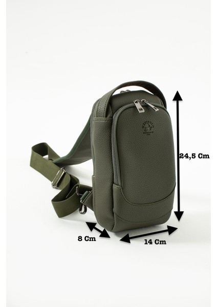 Vegan Deri Unisex Çapraz Göğüs ve Omuz Çantası Body Bag - Haki