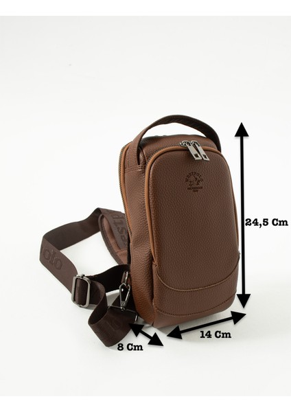 Vegan Deri Unisex Çapraz Göğüs ve Omuz Çantası Body Bag - Taba