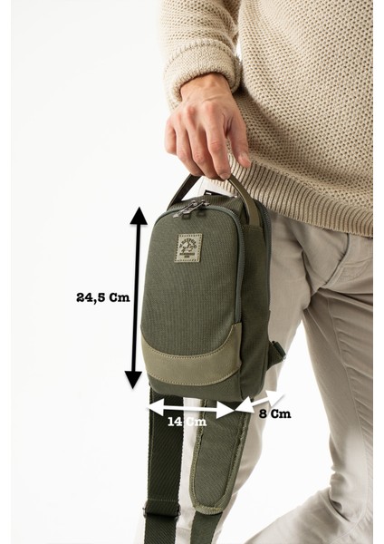 Unisex Suni Deri ve Kanvas Kumaş Çapraz Göğüs ve Omuz Çantası Body Bag - Haki