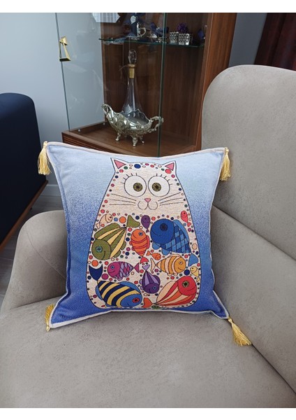 Özel Dokuma Kedi Motifli Goblen Kumaş Dekoratif Mavi Kırlent Yastık Kılıfı(Baskı Veya Boya Değildir)