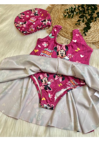 Minnie Mouse Kız Çocuk Mayo ve Bone Takımı