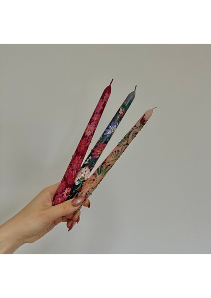 Çiçek Şöleni Koleksiyonu - El Yapımı Dekoratif Mum 3’lü Set (Çiçek Desenli)