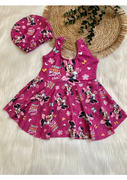 Minnie Mouse Kız Çocuk Mayo ve Bone Takımı