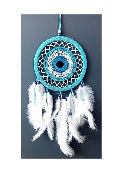 Nazar Boncuğu Motifli Turkuaz Rengi Dream Catcher Beyaz Kuş Tüylü Düş Kapanı Duvar Süsü