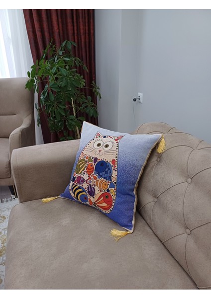 Özel Dokuma Kedi Motifli Goblen Kumaş Mavi/kahve Kırlent Yastık Kılıfı(Baskı Veya Boya Değildir) fiyatları