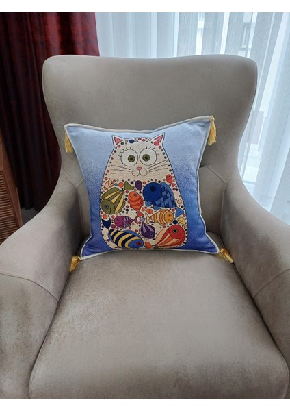 Özel Dokuma Kedi Motifli Goblen Kumaş Mavi/kahve Kırlent Yastık Kılıfı(Baskı Veya Boya Değildir) fırsatları