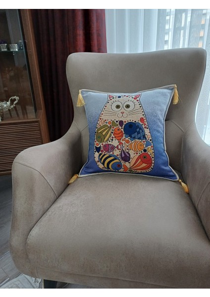 Özel Dokuma Kedi Motifli Goblen Kumaş Mavi/kahve Kırlent Yastık Kılıfı(Baskı Veya Boya Değildir) indirimleri
