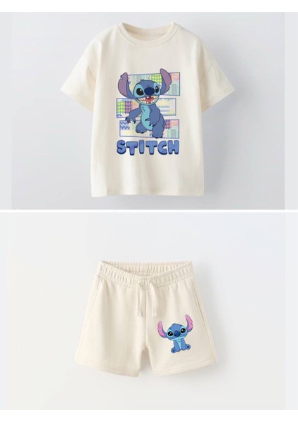 Erkek/kız Çocuk Krem Renk Stitch Baskılı Kısa Kollu Tişört ve Şort Takımı - Yazlık Pamuklu Set (3-10 Yaş)