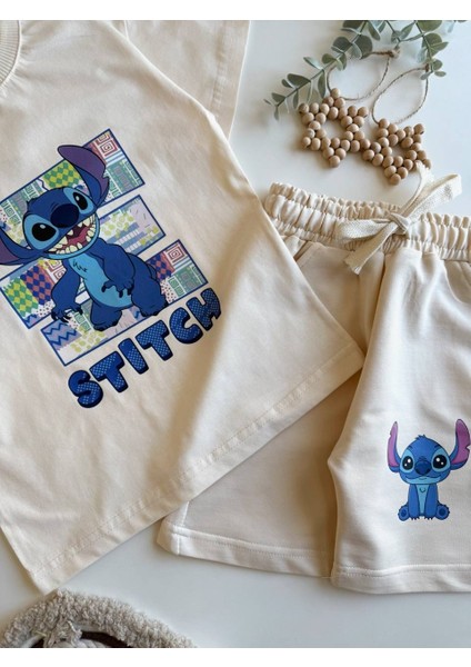 Erkek/kız Çocuk Krem Renk Stitch Baskılı Kısa Kollu Tişört ve Şort Takımı - Yazlık Pamuklu Set (3-10 Yaş)