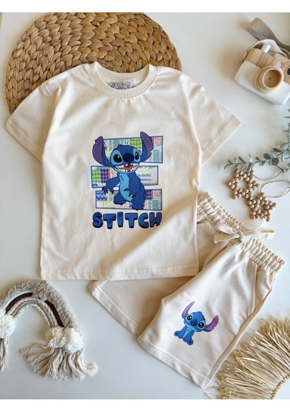 Erkek/kız Çocuk Krem Renk Stitch Baskılı Kısa Kollu Tişört ve Şort Takımı - Yazlık Pamuklu Set (3-10 Yaş)