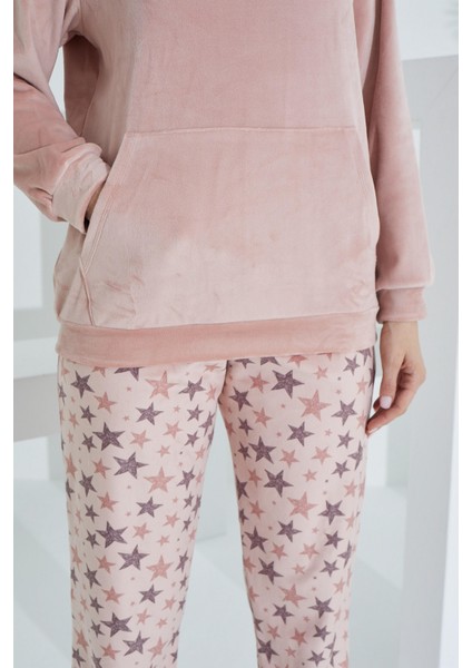 Soft Kanguru Cepli Kapşonlu Kadife Kadın Eşofman Takımı modelleri