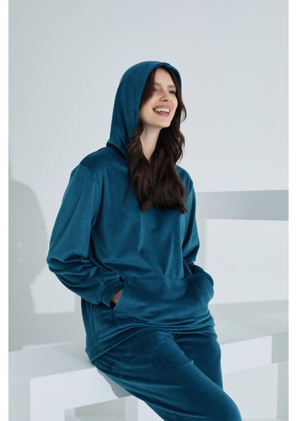 Soft Kanguru Cepli Kapşonlu Kadife Kadın Eşofman Takımı