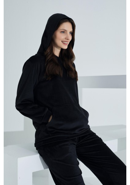 Soft Kanguru Cepli Kapşonlu Kadife Kadın Eşofman Takımı