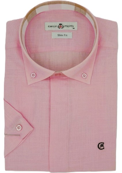Pembe Keten Slim Fit Kısa Kollu Erkek Gömlek modelleri