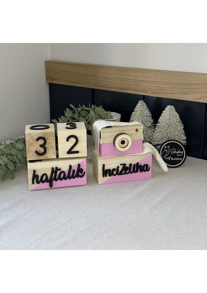 İsimli Renkli 3 Boyutlu Bebek Ahşap Hatıra Küpü Anı Küpü + Ahşap Fotoğraf Makinesi Seti / Türkçe / Pembe