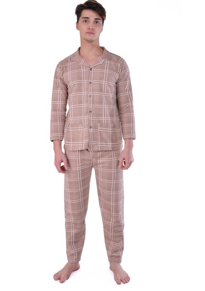 Pamuklu Kumaştan Geniş Kesim Ceket Yaka Kahverengi Ekose Desenli Önden Komple Düğmeli Erkek Pijama Takımı