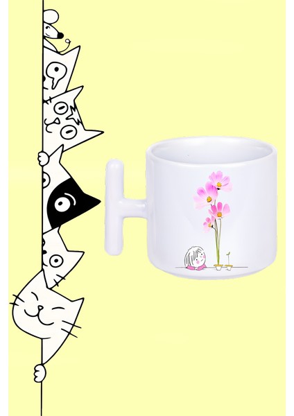 Mor Çiçek ve Kız Tasarım Baskılı Beyaz T Sap Kupa Bardak