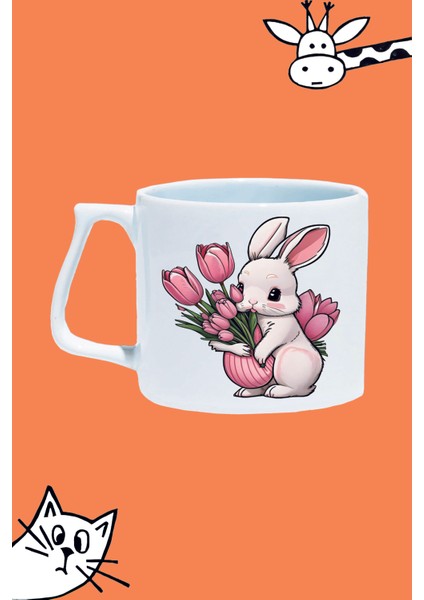 Pınk Rabbıt Sevimli Pembe Tavşan Tasarım Baskılı Beyaz Lüks Sap Kupa Bardak