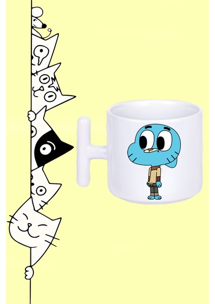 Çizgi Karakter Gumball Tasarım Baskılı Beyaz T Sap Kupa Bardak