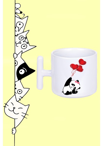 Panda Love Kırmızı Kalp Balon Tasarım Baskılı Beyaz T Sap Kupa Bardak