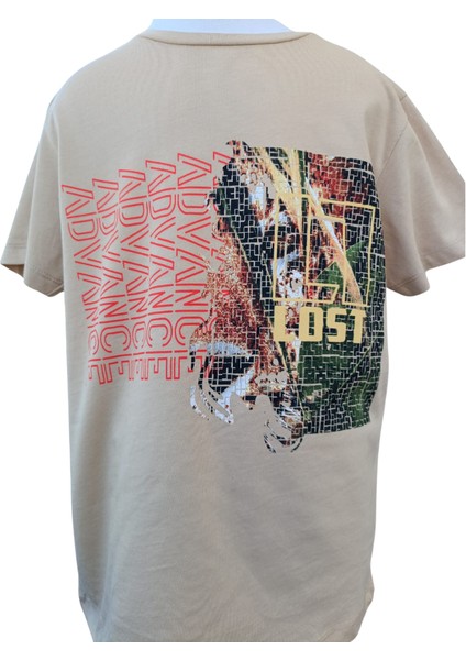 Fancy Kids Erkek Çocuk İkili Takım Baskılı Bej T-Shirt Haki Şort 9-10 Yaş