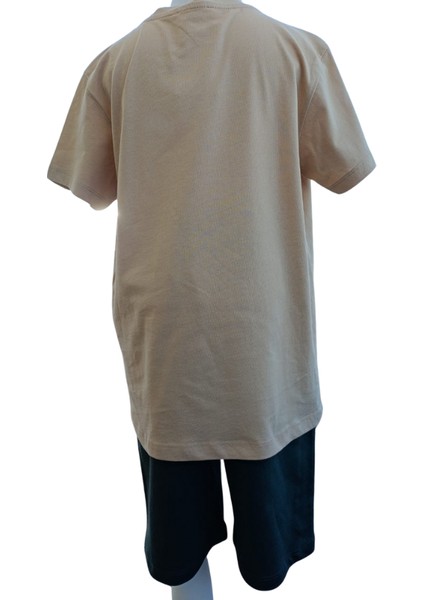 Fancy Kids Erkek Çocuk İkili Takım Baskılı Bej T-Shirt Haki Şort 9-10 Yaş
