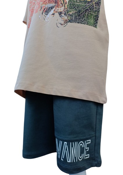 Fancy Kids Erkek Çocuk İkili Takım Baskılı Bej T-Shirt Haki Şort 9-10 Yaş