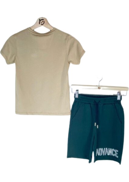 Fancy Kids Erkek Çocuk İkili Takım Baskılı Bej T-Shirt Haki Şort 9-10 Yaş