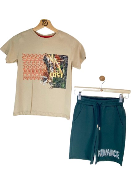 Fancy Kids Erkek Çocuk İkili Takım Baskılı Bej T-Shirt Haki Şort 9-10 Yaş