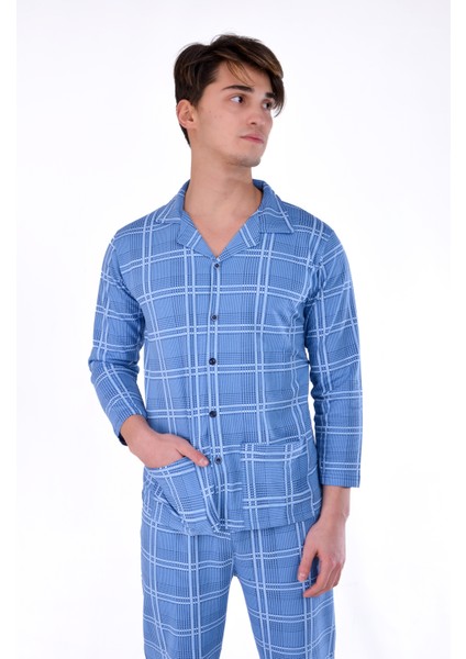 Pamuklu Kumaştan Geniş Kesim Ceket Yaka Mavi Ekose Desenli Önden Komple Düğmeli Erkek Pijama