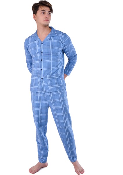 Pamuklu Kumaştan Geniş Kesim Ceket Yaka Mavi Ekose Desenli Önden Komple Düğmeli Erkek Pijama fiyatları