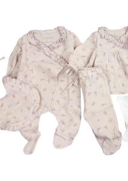 Fırfırlı Müslin Kız Bebek Hastane Çıkışı 10LU Zıbın Set Pudra