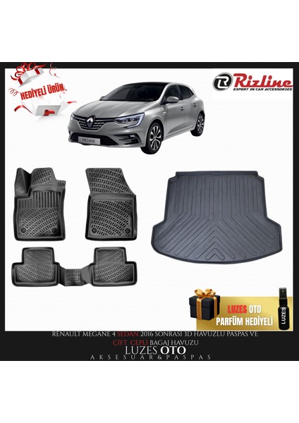 Renault Megane 4 Sedan 3D Havuzlu Paspas ve Bagaj Havuzu Çift Kulak 2016-2017-2018-2019-2020-2021-2022-2023-2024-2025