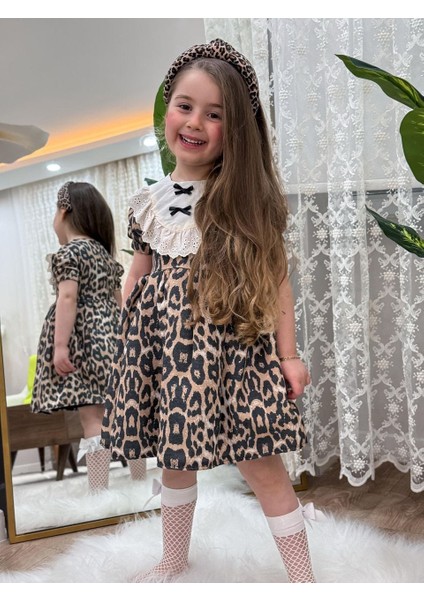 Kız Çocuk Leopar Desenli Dantel Yaka Elbise