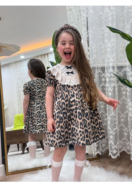 Kız Çocuk Leopar Desenli Dantel Yaka Elbise