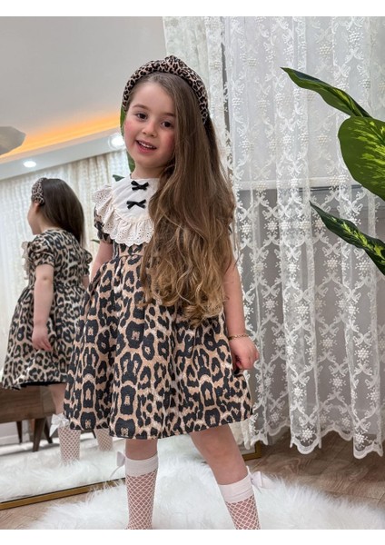 Kız Çocuk Leopar Desenli Dantel Yaka Elbise