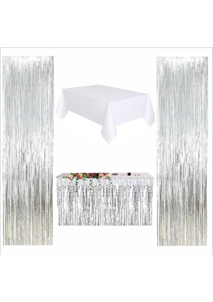 Beyaz Masa Örtüsü, Gümüş Masa Eteği, 2 Adet Gümüş Arka Fon