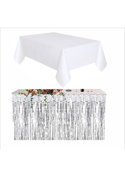 Beyaz Masa Örtüsü, Gümüş Masa Eteği, 2 Adet Gümüş Arka Fon fiyatları