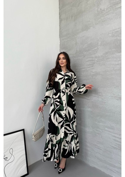 Kadın Siyah Yeşil Desenli Uzun Kol, Kemerli, Uzun Viskon Gömlek Elbise