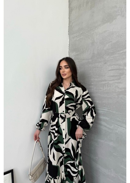 Kadın Siyah Yeşil Desenli Uzun Kol, Kemerli, Uzun Viskon Gömlek Elbise fiyatları