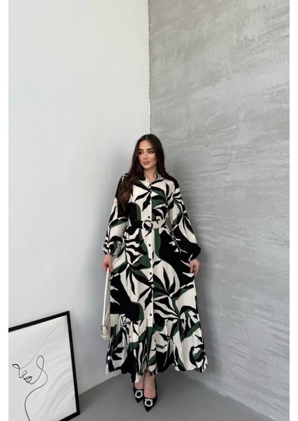 Kadın Siyah Yeşil Desenli Uzun Kol, Kemerli, Uzun Viskon Gömlek Elbise modelleri