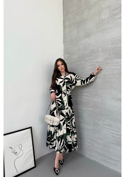 Kadın Siyah Yeşil Desenli Uzun Kol, Kemerli, Uzun Viskon Gömlek Elbise fırsatları