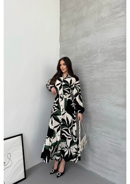 Kadın Siyah Yeşil Desenli Uzun Kol, Kemerli, Uzun Viskon Gömlek Elbise indirimleri